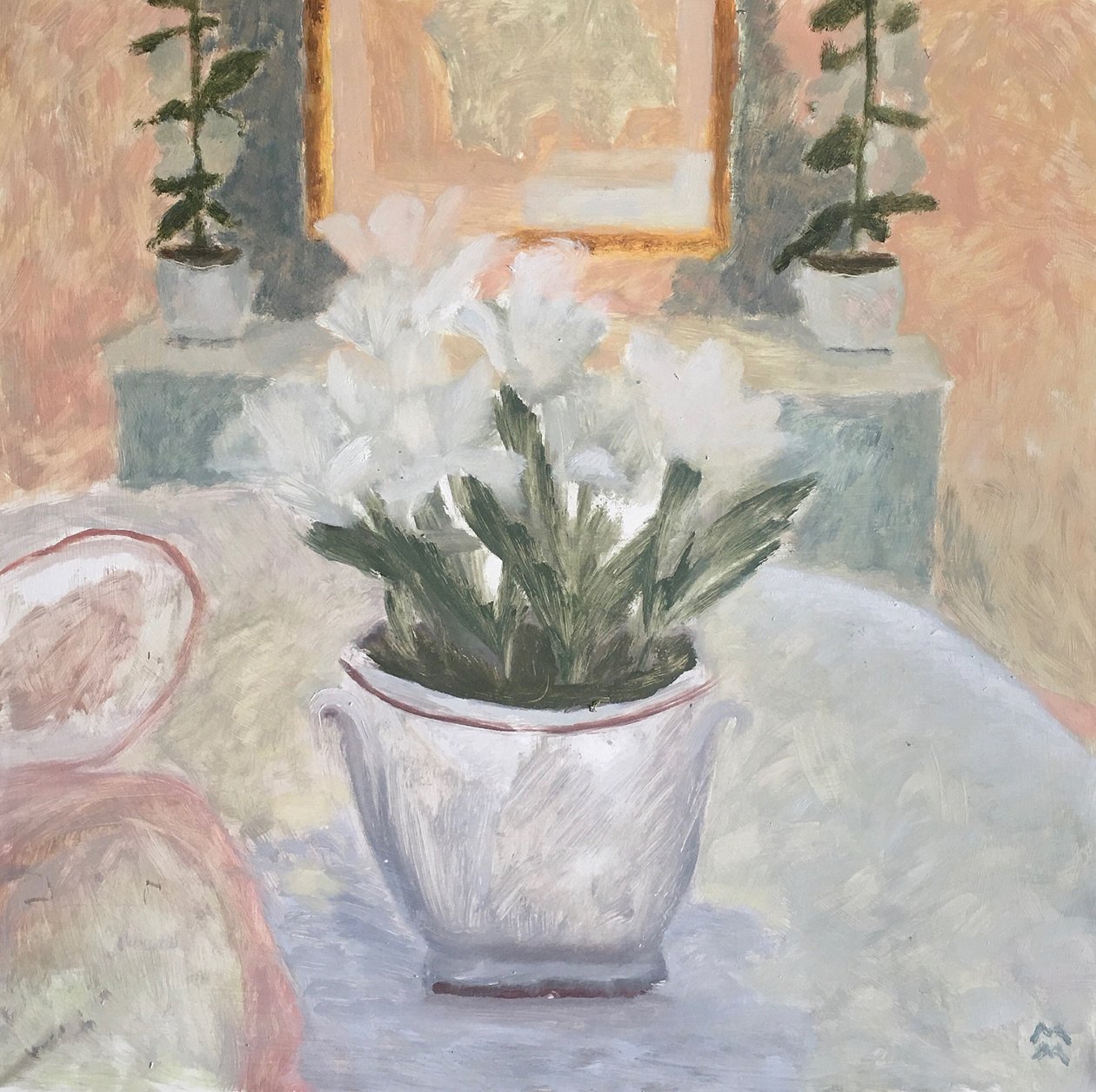 Natura morta con gigli, sera, 2019 (olio su carta) da Maria Magenta
