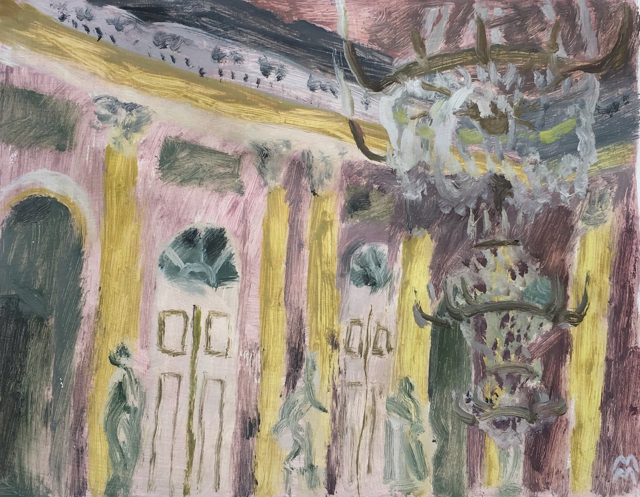 Interno viennese con lampadario, 2019 (olio su carta) da Maria Magenta