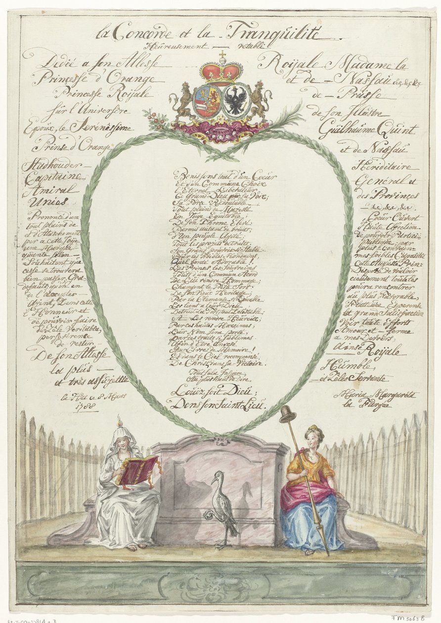 Verso per la principessa Guglielmina per il quarantesimo compleanno del principe Guglielmo V, 1788 da Maria Margaretha la Fargue