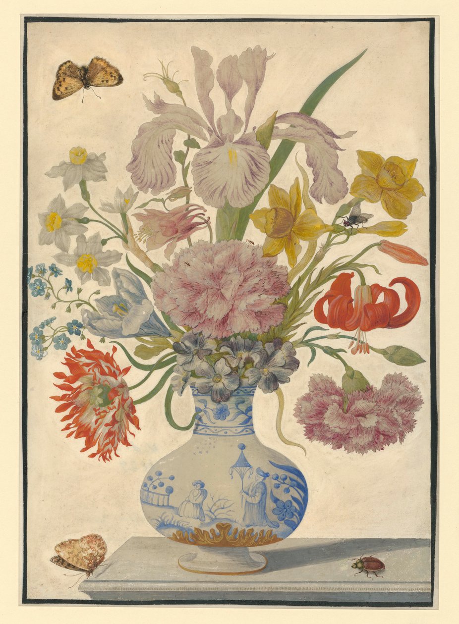 Vaso cinese con iris, gigli e garofani. Sul tavolo, una farfalla a sinistra e un maggiolino a destra da Maria Sibylla Merian