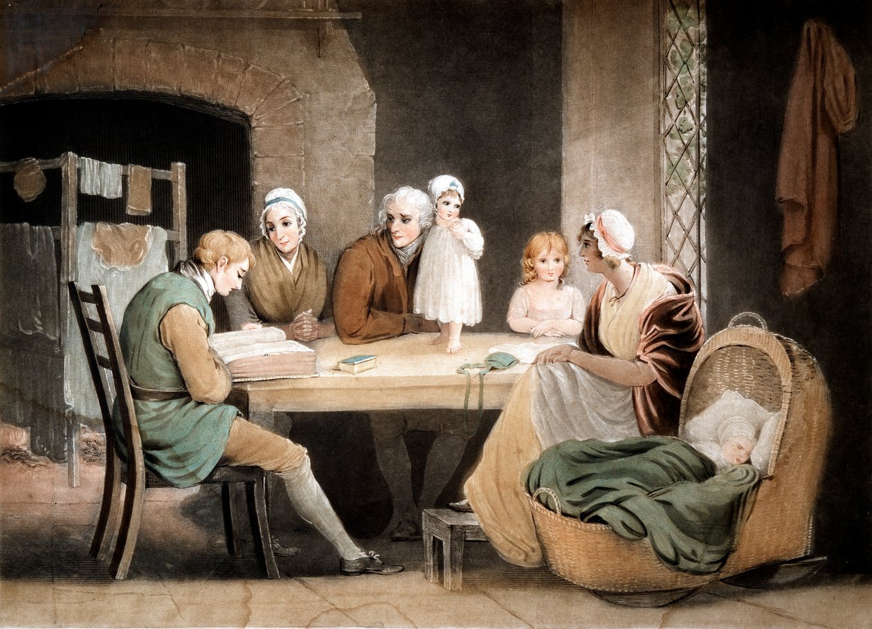 Tre generazioni che ascoltano una lettura dalla Bibbia di famiglia, c1800 da Maria Spilsbury