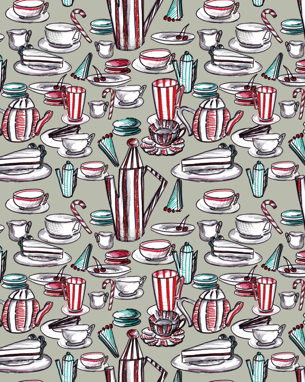 Candy Stripe Tea Party, 2020 ( acquerello, penna, su carta) da Marianna Kulukundis