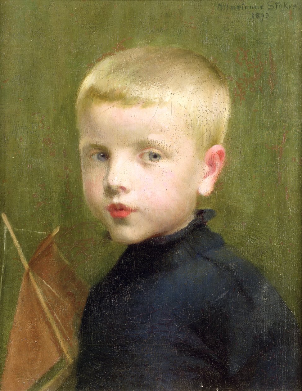 Ritratto di un ragazzo con un modello di barca a vela, 1893 da Marianne Stokes