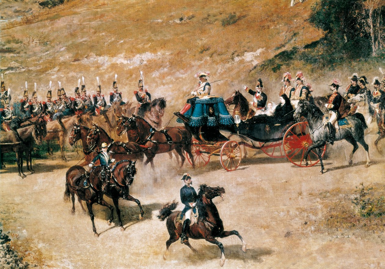 Regina Maria Cristina e sua figlia, Isabella II, che ispezionano le batterie di artiglieria che difendono Madrid nel 1837 (dettaglio) da Mariano José María Bernardo Fortuny y Carbó
