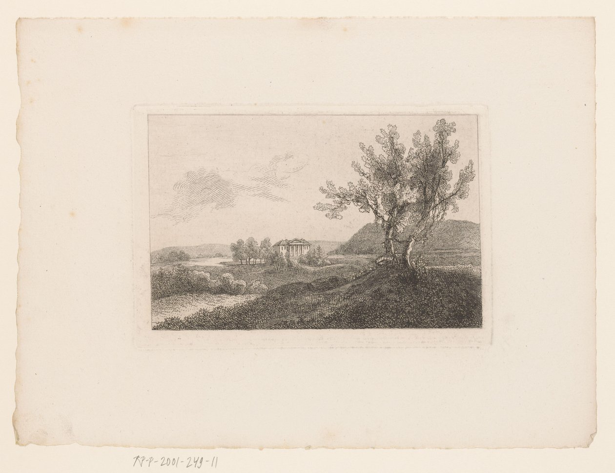 Paesaggio con una villa in lontananza e una panchina da giardino con due alberi in primo piano (serie: I miei primi esperimenti di incisione in una serie di 28 fogli) da Marie Anna Fischer