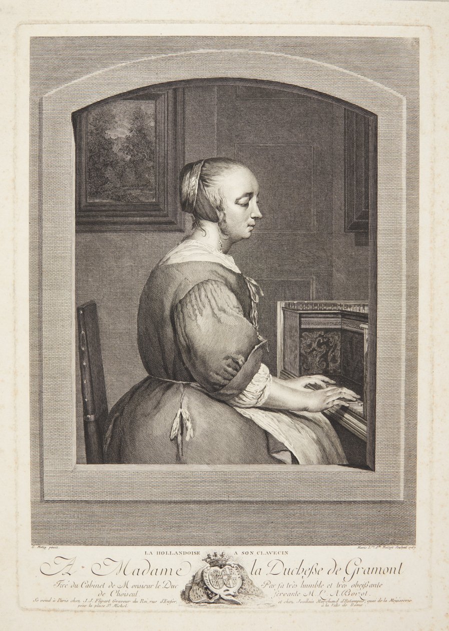 Una donna olandese suona il clavicembalo, vista attraverso una finestra da Marie Louise Adélaïde Boizot