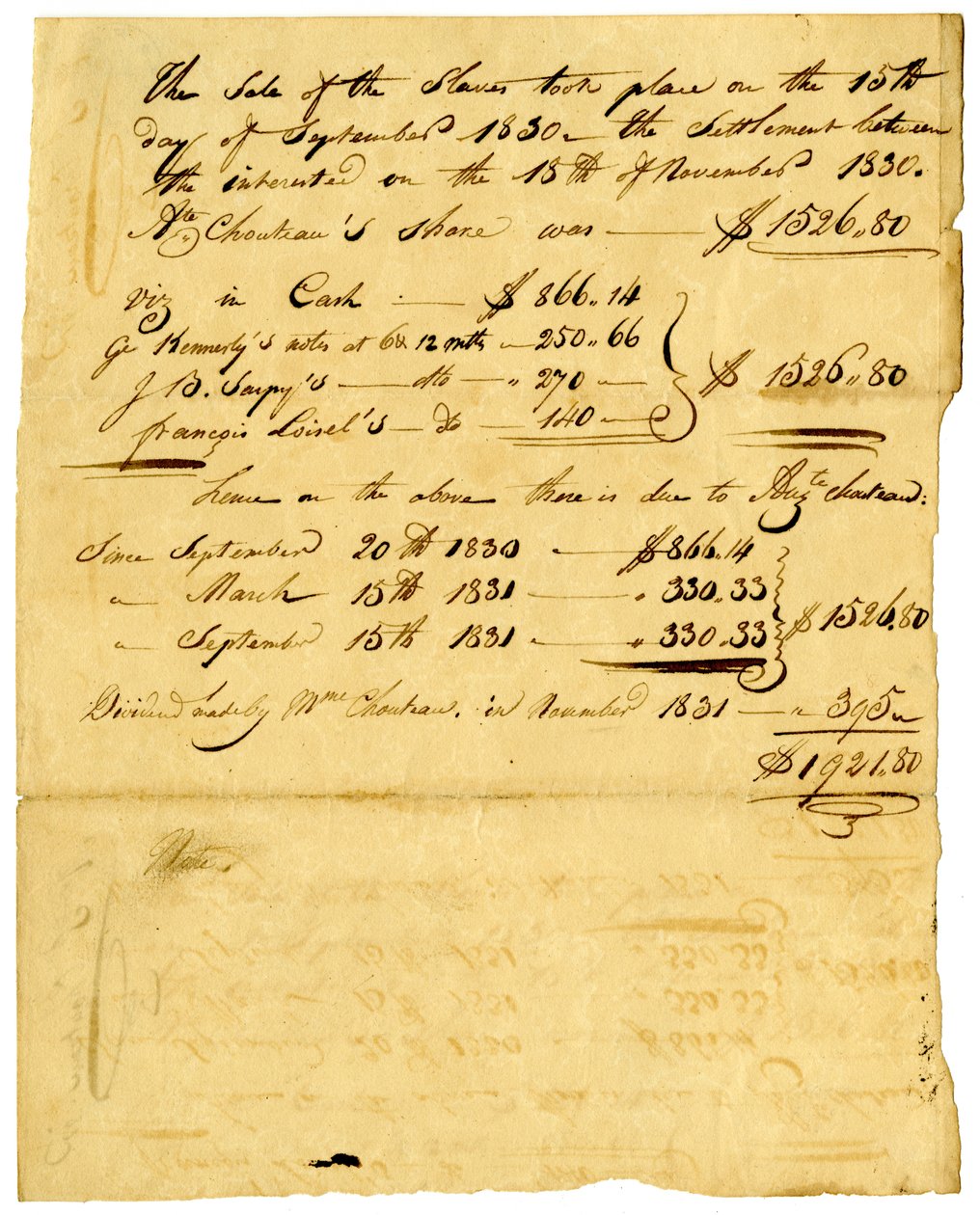 Documento riguardante la vendita di schiavi e la quota spettante a vari individui, novembre 1831 da Marie Therese Cerre Chouteau