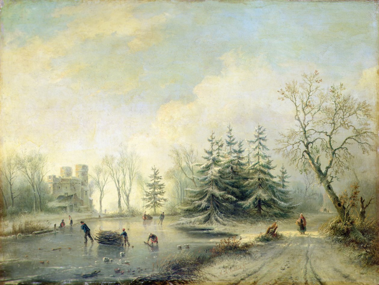 Alberi, castello e figure che pattinano da Marinus Adrianus Koekkoek