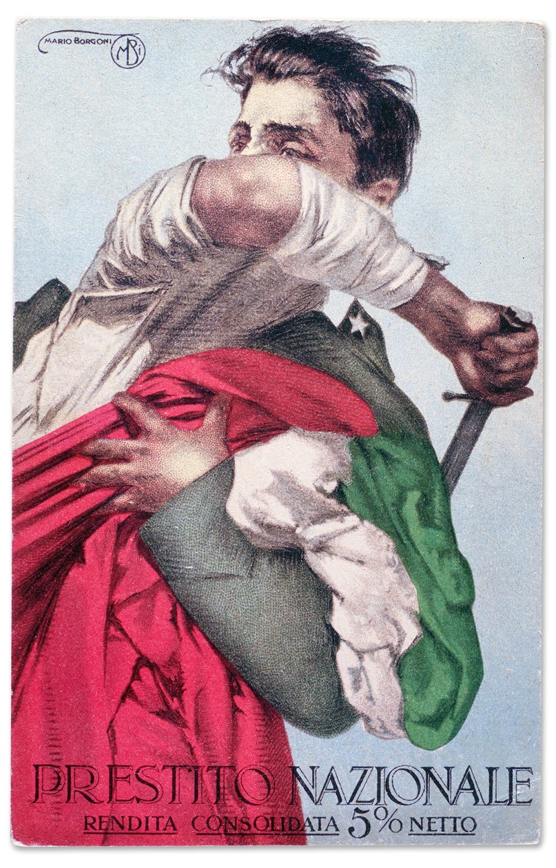 Un soldato italiano difende il Tricolore con la spada sguainata. Cartolina postale di propaganda per il Prestito Nazionale, 1915-18 circa (cartolina) da Mario Borgoni