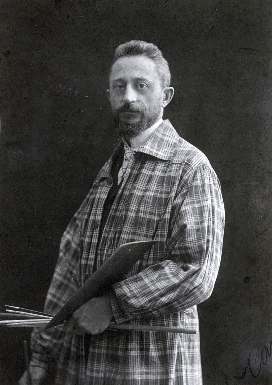 Ritratto a tre quarti del pittore Guido Spadolini. Indossa un lungo camice e tiene pennelli e tavolozza nella mano sinistra, 26/11/1901 da Mario Nunes Vais