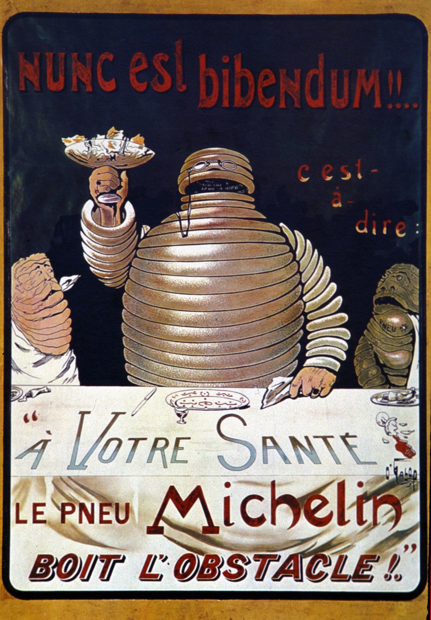 Poster pubblicitario pneumatico Michelin: Nunc est bibendum, il pneumatico Michelin beve l