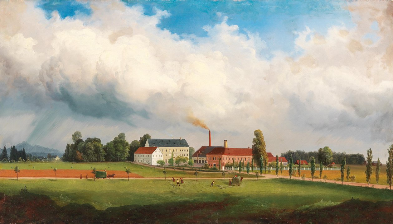 Ebenthal presso Klagenfurt verso est, in primo piano il Grofnighof con la casa padronale e il complesso industriale della famiglia Puntschart, sullo sfondo il Magdalensberg da Marko Pernhart