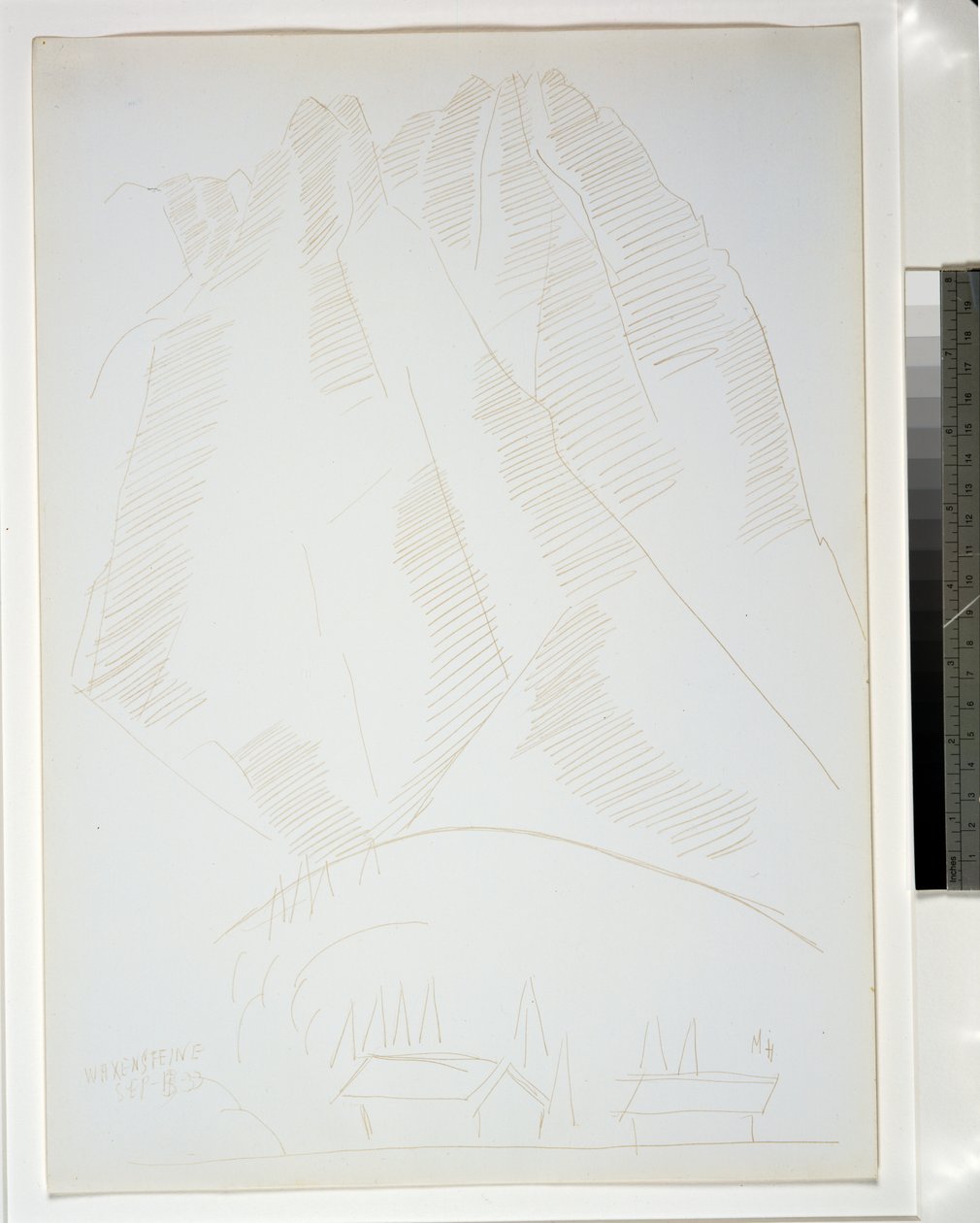 Paesaggio montano con due edifici in primo piano da Marsden Hartley