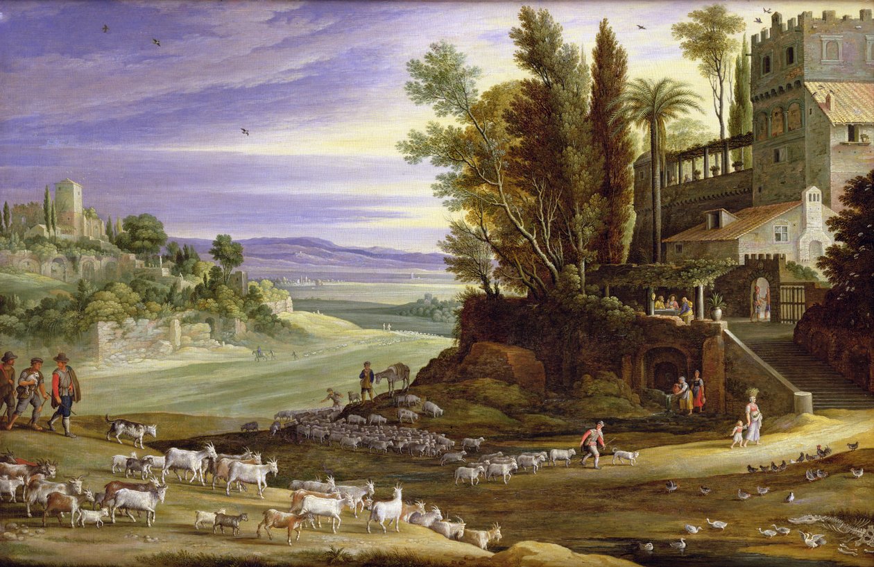 Paesaggio con pastori e la cena di Emmaus da Marten Ryckaert