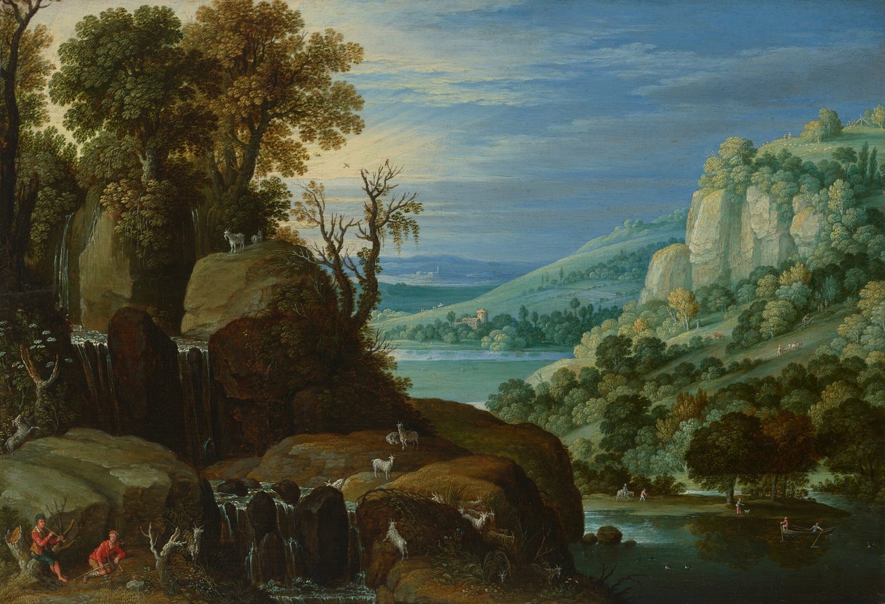 Un ampio paesaggio fluviale con caprai che suonano le canne accanto a una cascata, una vista lontana di un lago e della città al di là di esso da Marten Ryckaert