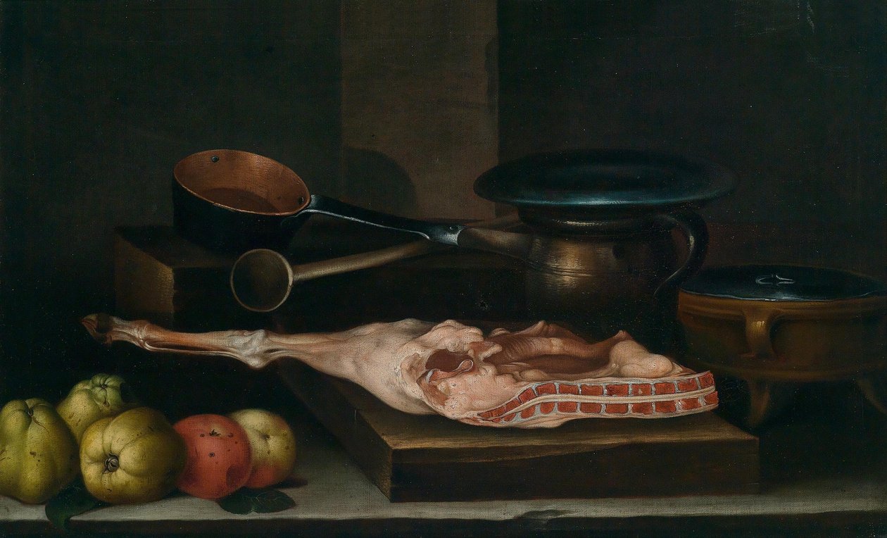 Una natura morta in cucina con pentole, padelle, mele e una coscia di maiale da Martin Dichtl