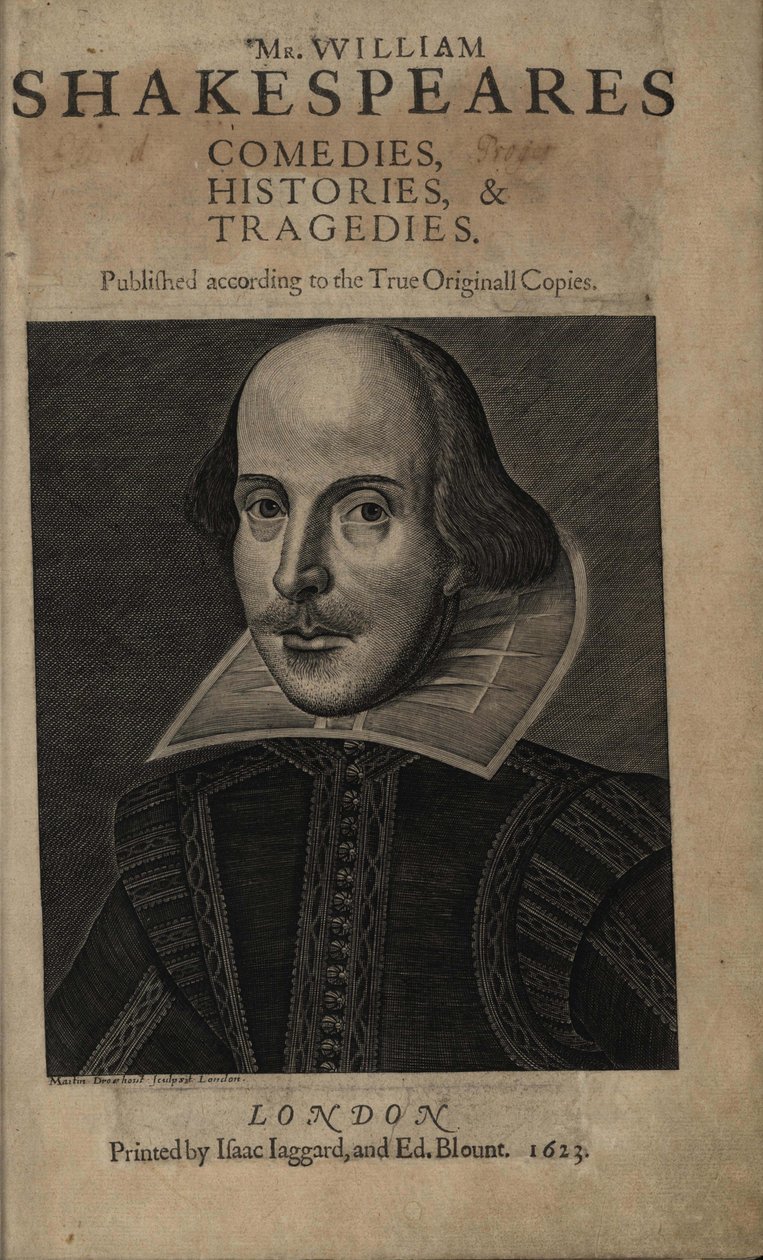 Pagina del titolo del primo folio di Shakespeare, 1623 da Martin Droeshout