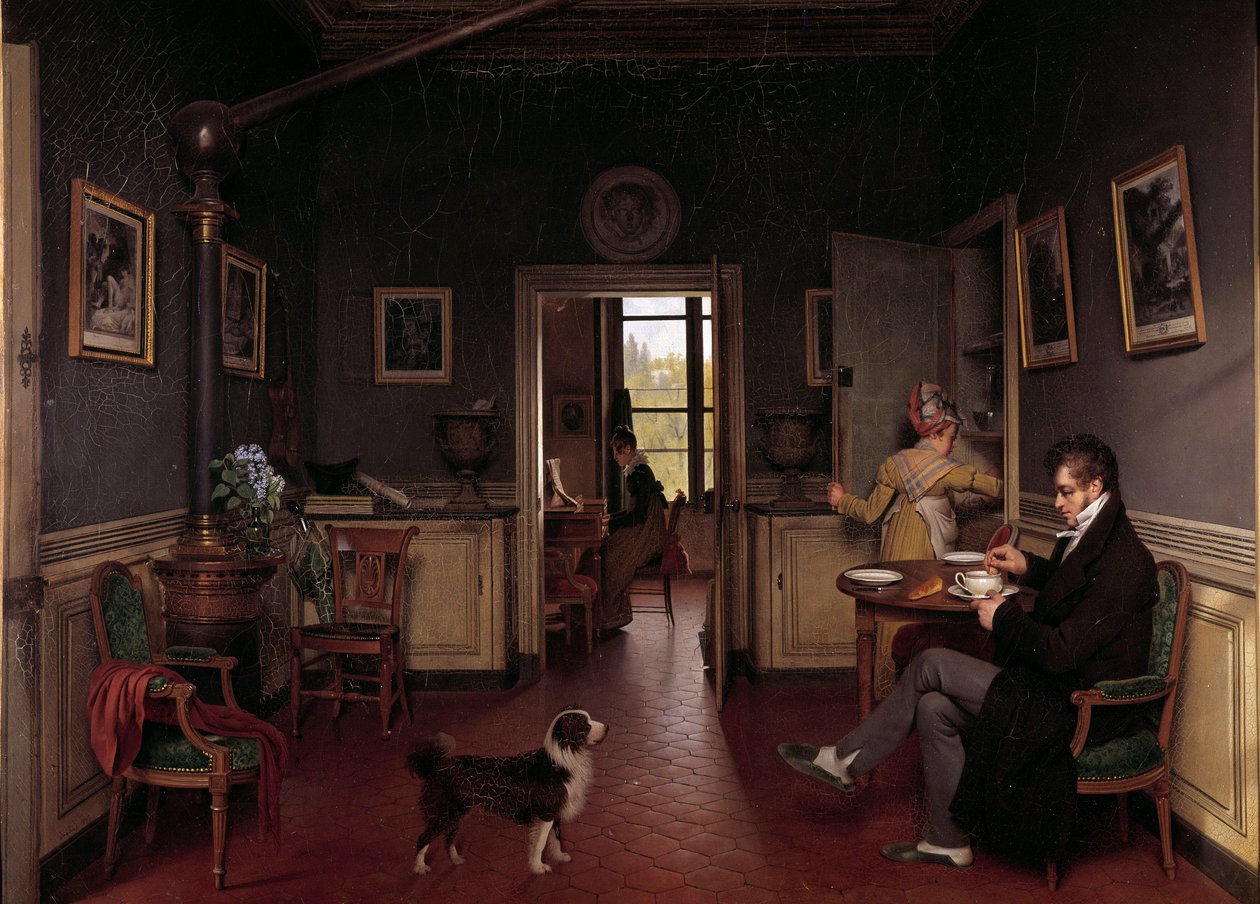 Una vista interna di una sala da pranzo nel 1815 Un uomo in pantofole fa colazione sotto gli occhi del cane da Martin Drölling