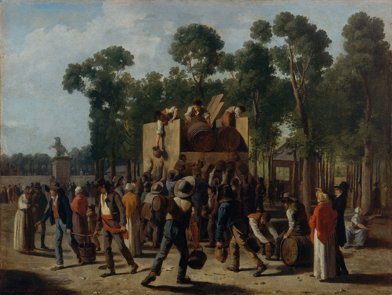 Distribuzione di vino sugli Champs-Elysées, 1795 circa (olio su carta, montato su tela) da Martin Drölling