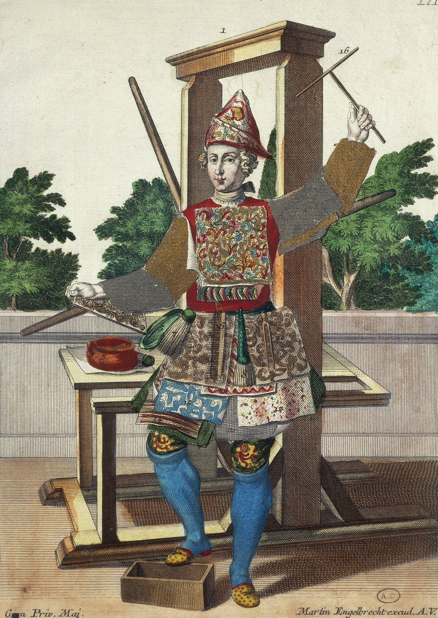 Produttore di carte colorate, incisione da Assemblage des nouveau manouvries habilles di Martin Engelbrecht, Germania da Martin Engelbrecht