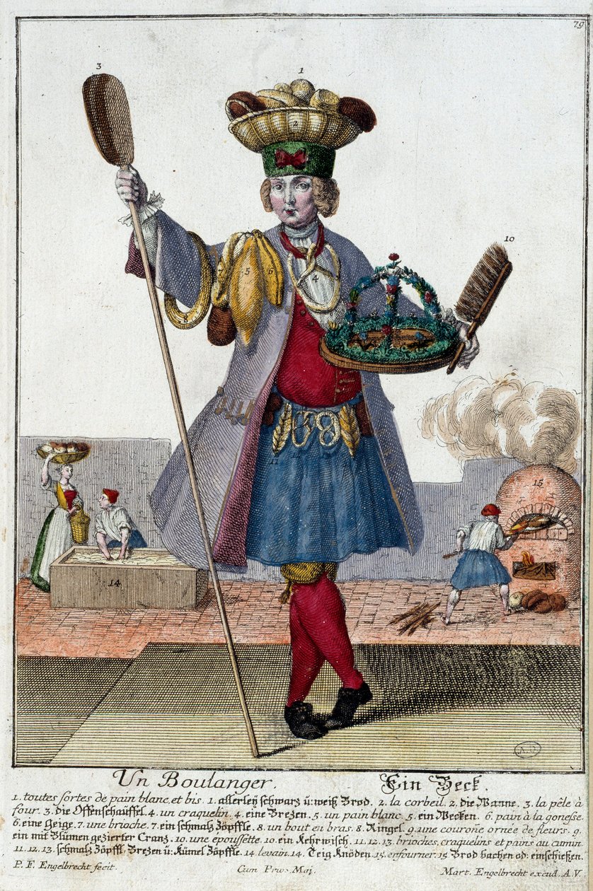 Mestiere: Un fornaio. Incisione di Martin Engelbrecht (1684-1756), in "Nuova assemblea delle manovre vestite" XVIII secolo, Germania. Parigi, Arti Decorative da Martin Engelbrecht