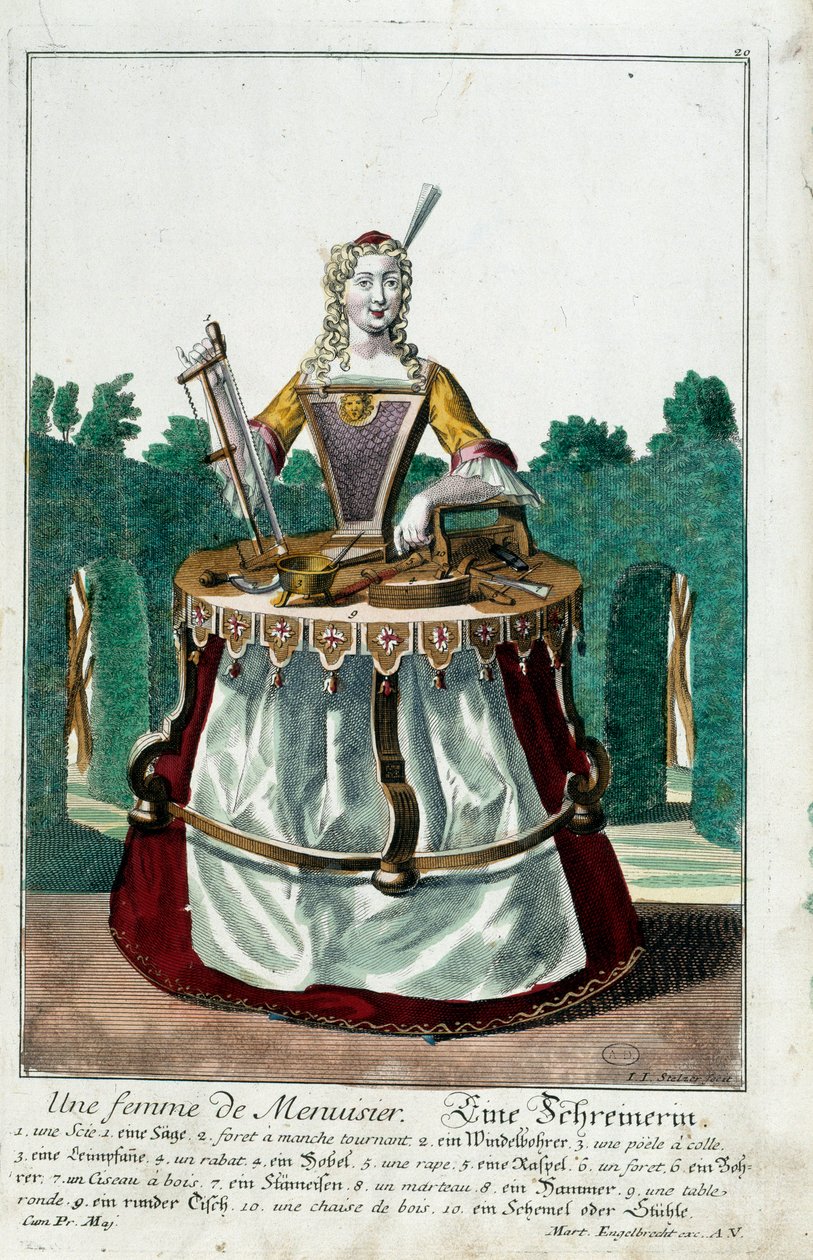 Mestiere: La moglie di un falegname. Incisione di Martin Engelbrecht (1684-1756), in "Nuovo assemblaggio delle manovre vestite" XVIII secolo, Germania. Parigi, Arti Decorative da Martin Engelbrecht