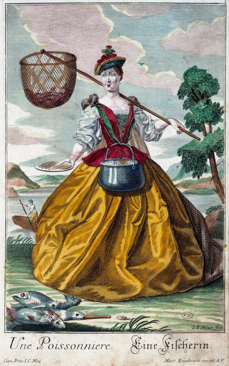 Mestiere: Un pesce. Incisione di Martin Engelbrecht (1684-1756), in "Nuova assemblea delle manovre vestite" XVIII secolo, Germania. Parigi, Arti Decorative da Martin Engelbrecht