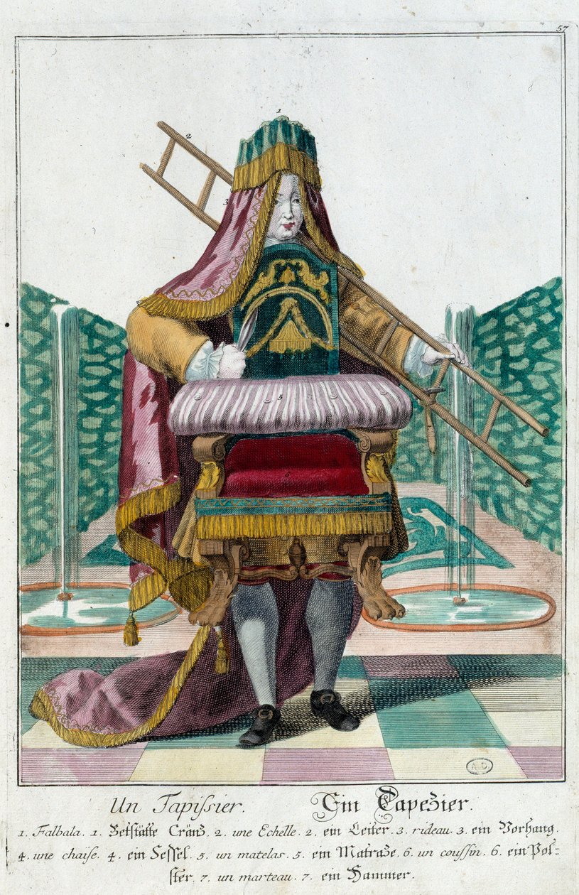 Mestiere: un tappezziere. Incisione di Martin Engelbrecht (1684-1756), in "Nuovo assemblaggio delle manovre vestite" XVIII secolo, Germania. Parigi, Arti Decorative da Martin Engelbrecht