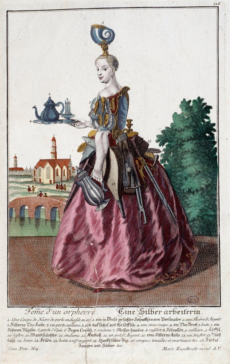 Mestiere: Donna con un pesce rosso (incisione di Martin Engelbrecht in 