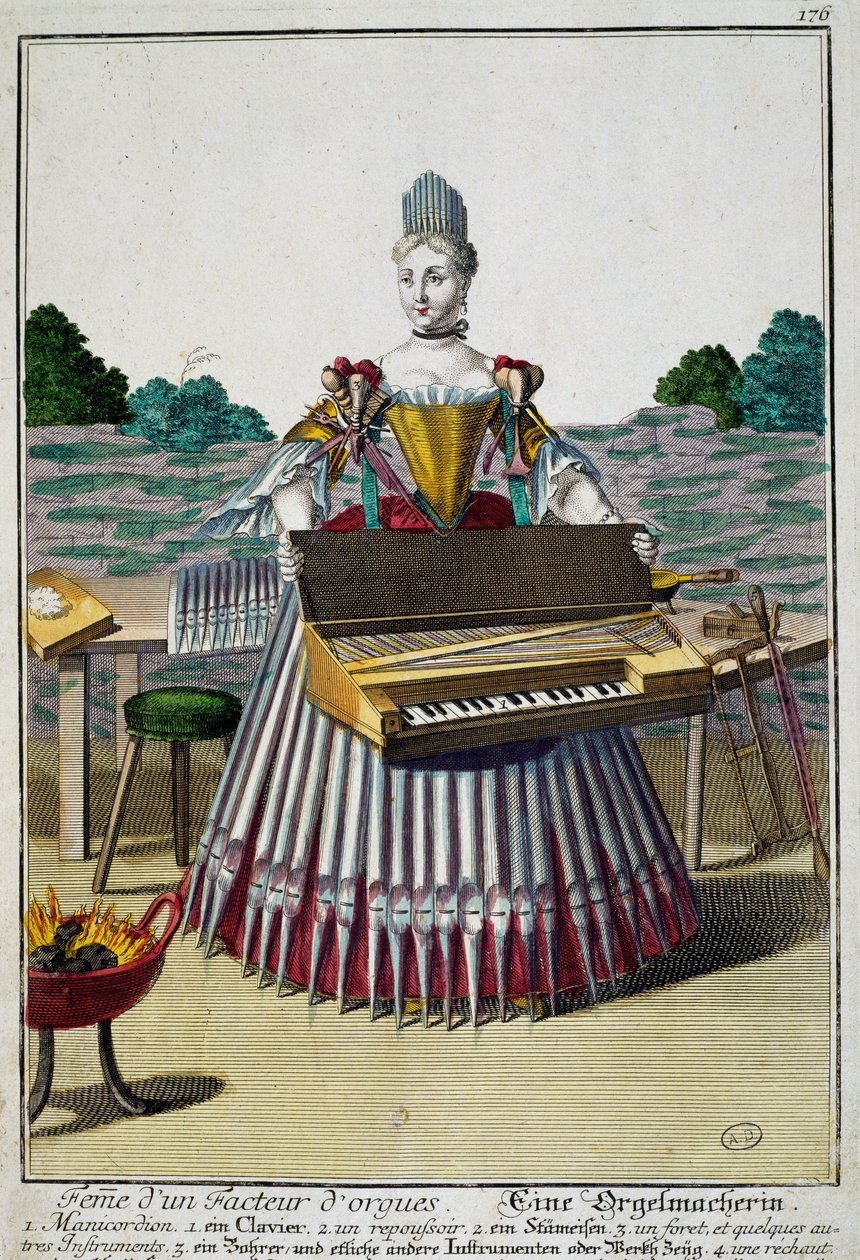 Moglie del fabbricante di organi, incisione da Assemblage des nouveau manouvries habilles di Martin Engelbrecht, Germania da Martin Engelbrecht