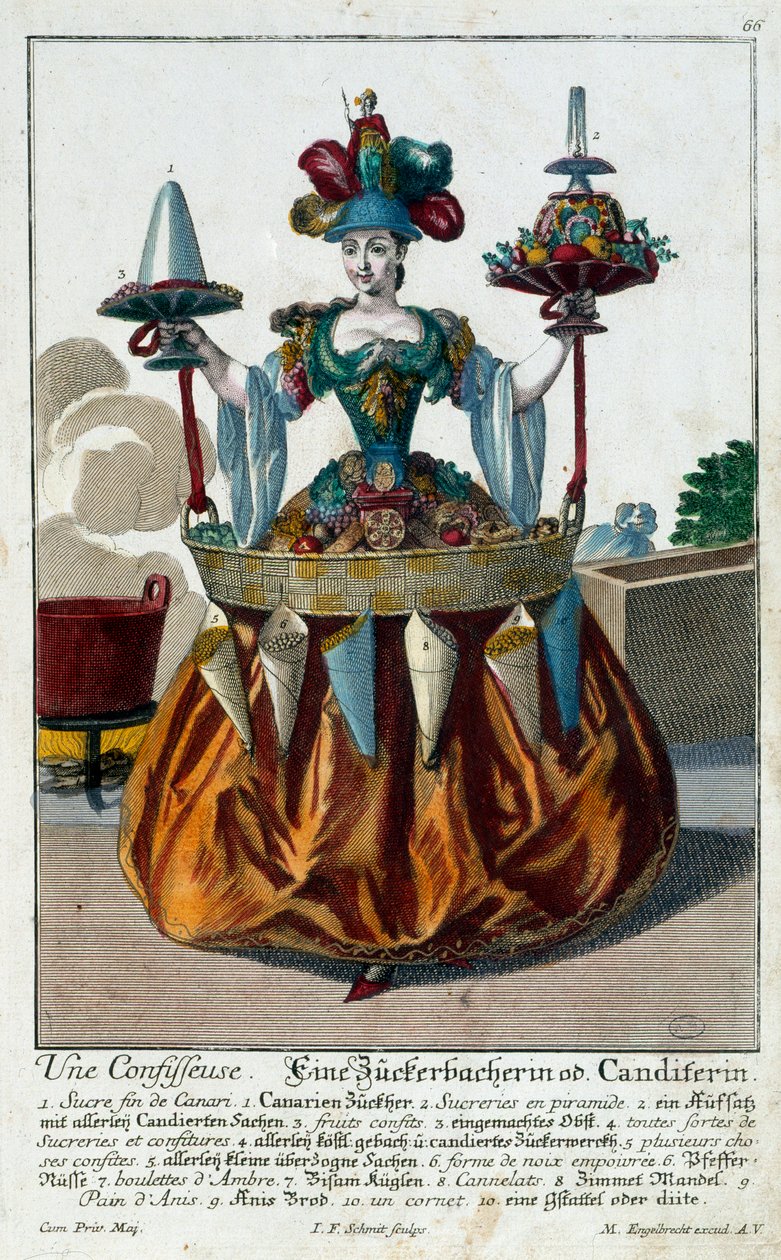 Il pasticcere: una giovane donna che tiene un vassoio di dolci e confetteria. Incisione di Martin Engelbrecht (1684-1756) XVIII secolo. Parigi, Arti Decorative da Martin Engelbrecht