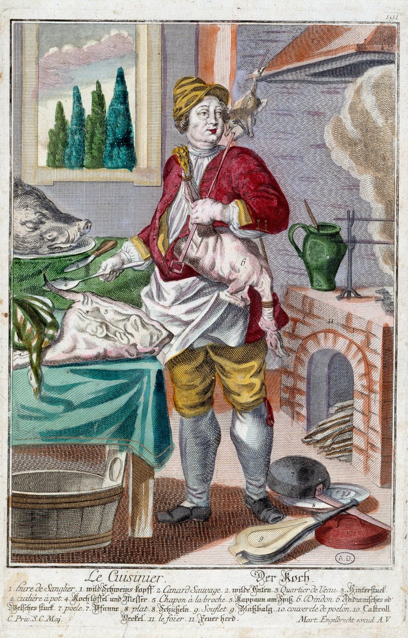 Il cuoco. Incisione di Martin Engelbrecht (1684-1756), in "Nuova raccolta delle manovre vestite" XVIII secolo, Germania. Parigi, Arti Decorative da Martin Engelbrecht