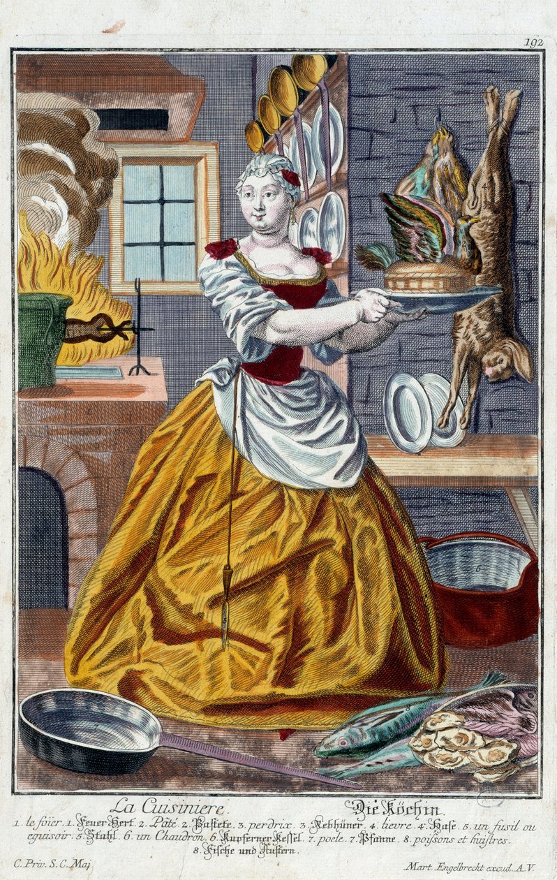 Il cuoco. Incisione di Martin Engelbrecht (1684-1756), in "Nuova assemblea delle manovre vestite" XVIII secolo, Germania. Parigi, Arti Decorative da Martin Engelbrecht