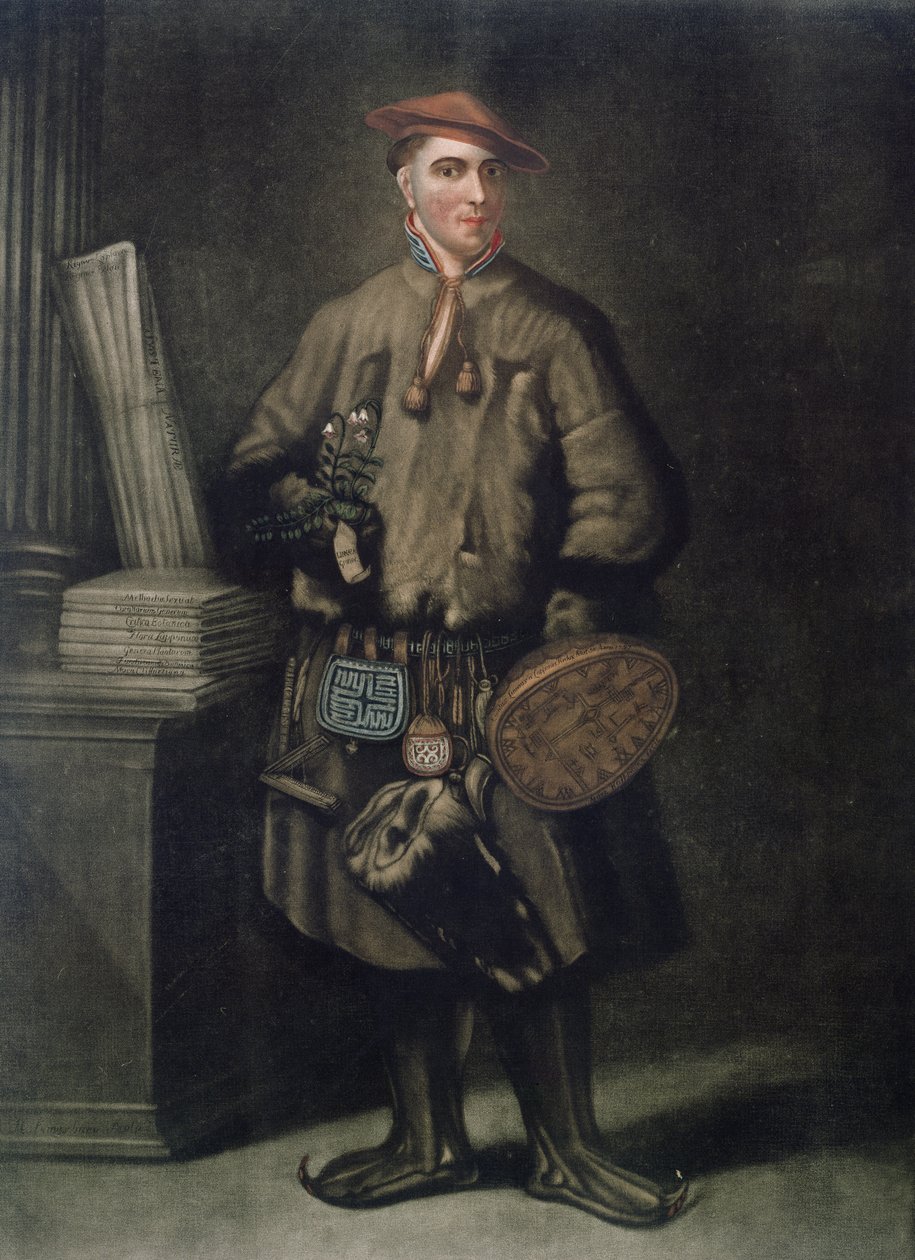 Carolus Linnaeus (1707-78) nel suo abito lappone, inciso da Henry Kingsbury, pubblicato nel 1805 da Martin Hoffman