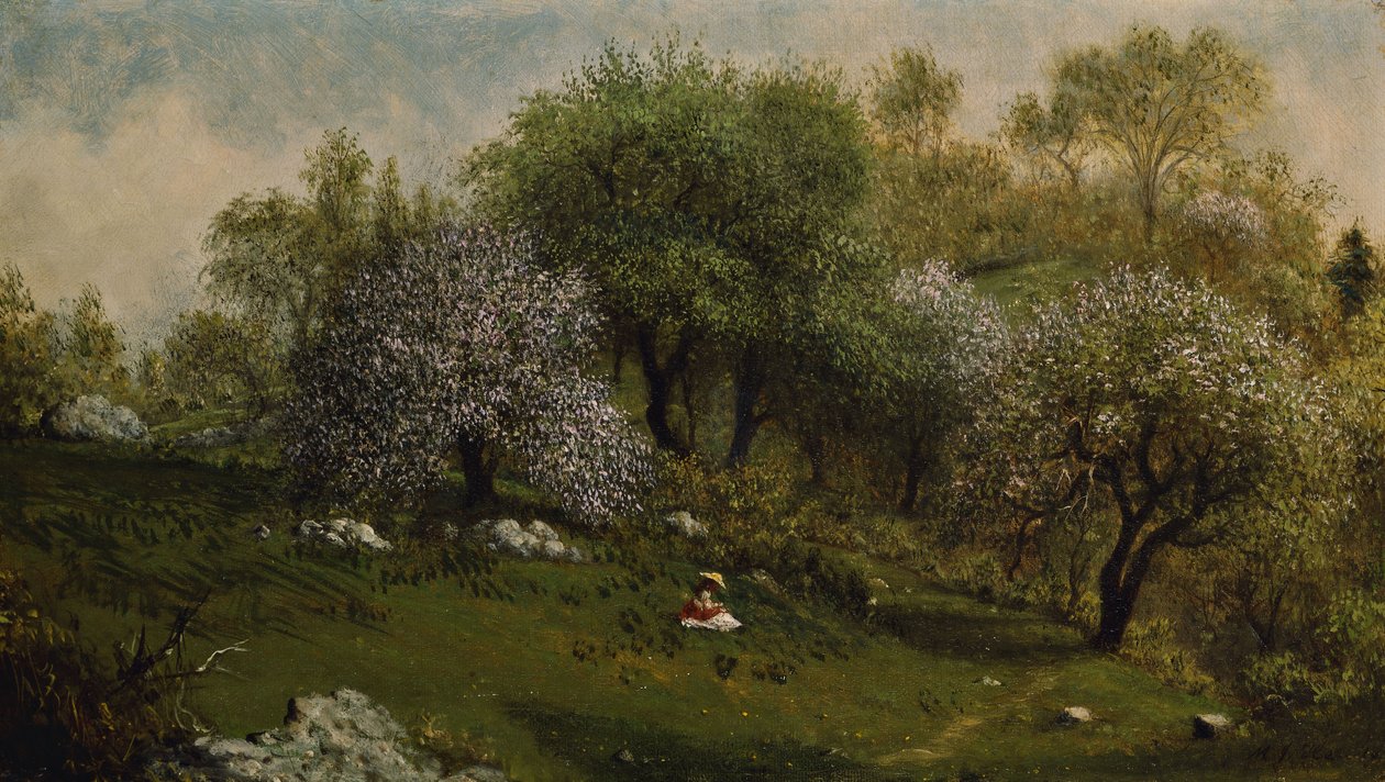Ragazza su una collina, fiori di melo da Martin Johnson Heade