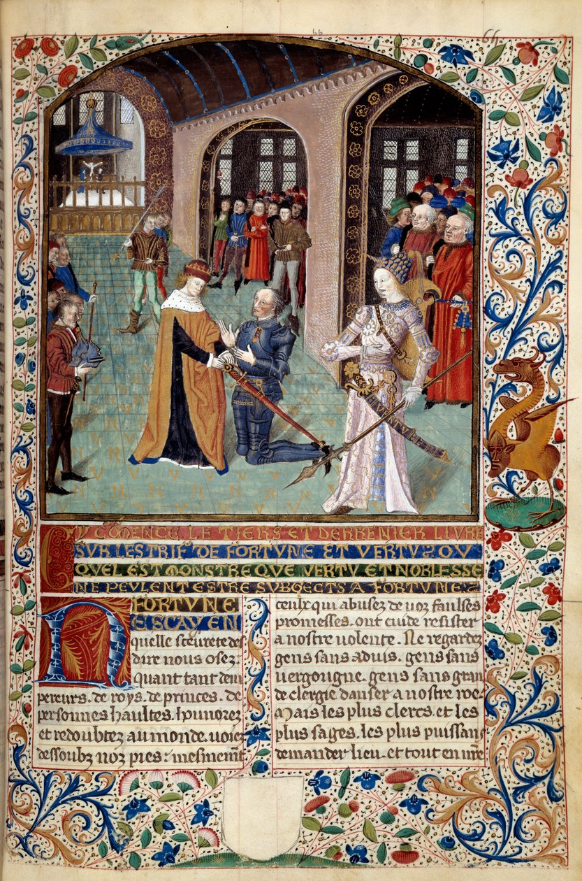 Allegoria della Virtù: vassallo che rende omaggio al suo signore in presenza della Virtù. Miniatura da "Lo Spirito della Fortuna e della Virtù" di Martin Le Franc (1410-1461) 1447-1448, Parigi B.N. da Martin Le Franc