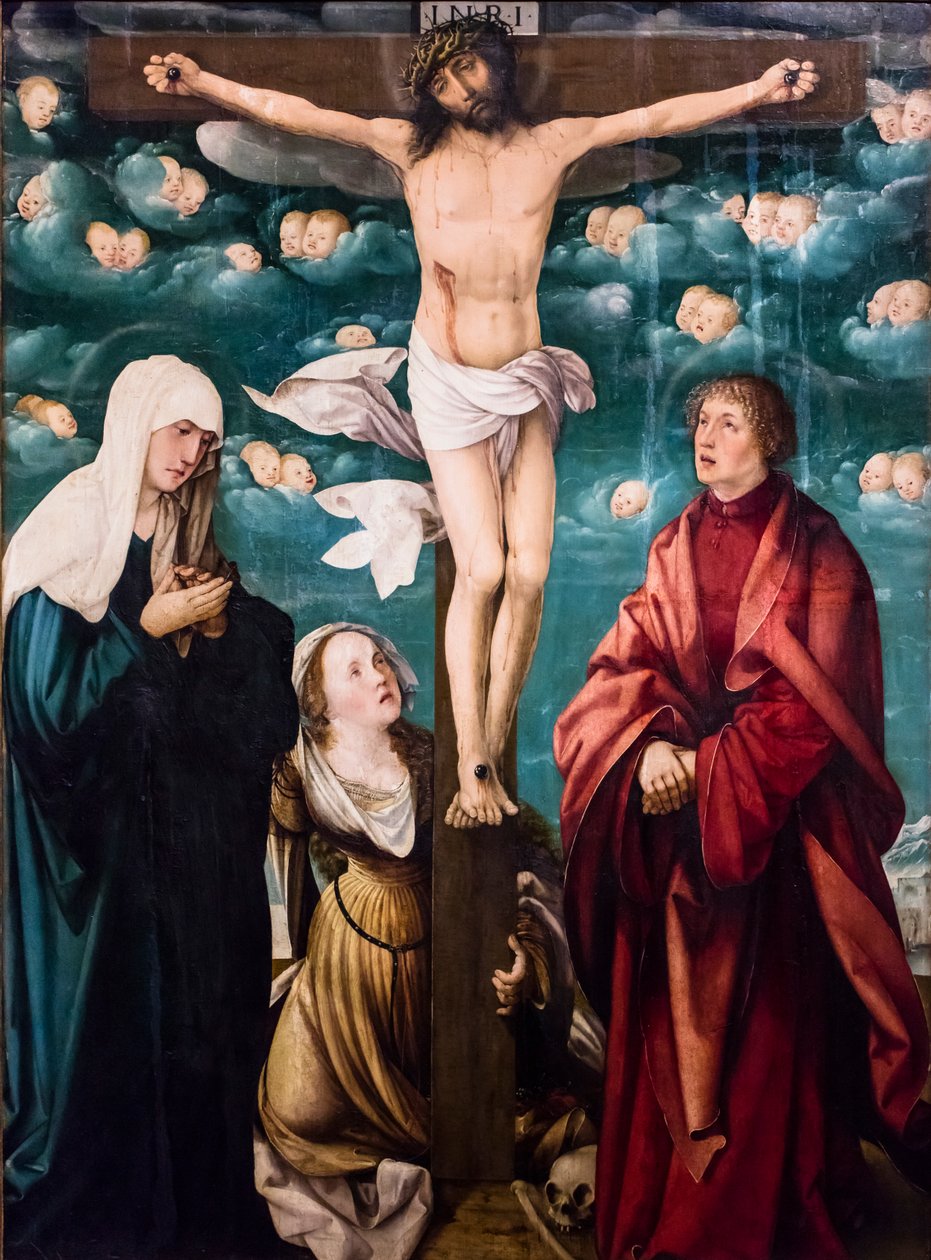 Crocifissione con la Vergine, Santa Maria Maddalena e San Giovanni Evangelista, 1525-1530 circa (Tempera e olio su abete rosso) da Martin Schaffner