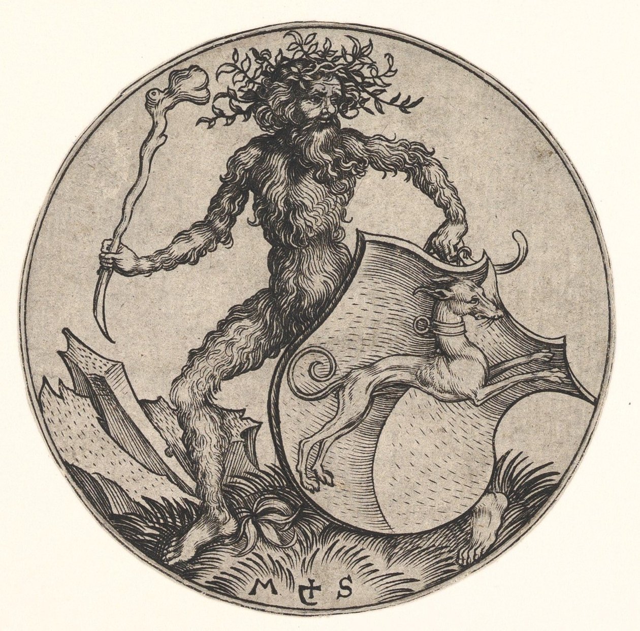 Scudo con levriero tenuto da uomo selvaggio, ca. 1435-1491 da Martin Schongauer