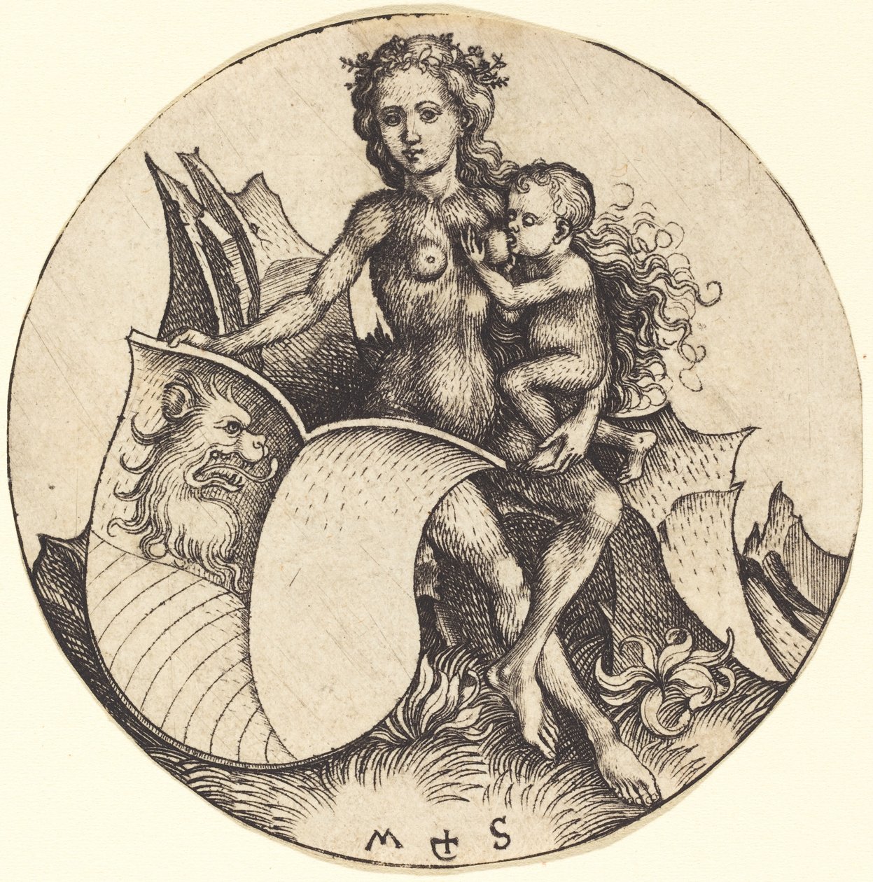 Scudo con Testa di Leone, Tenuto da Donna Selvaggia da Martin Schongauer