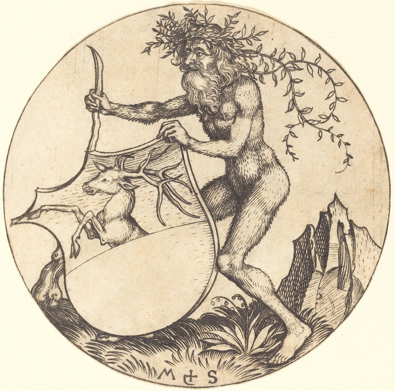 Scudo con Cervo, Tenuto da Uomo Selvaggio da Martin Schongauer