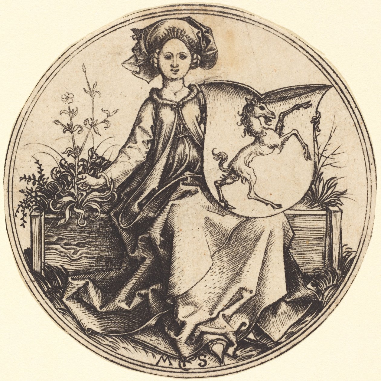Scudo con Unicorno, Tenuto da Donna da Martin Schongauer