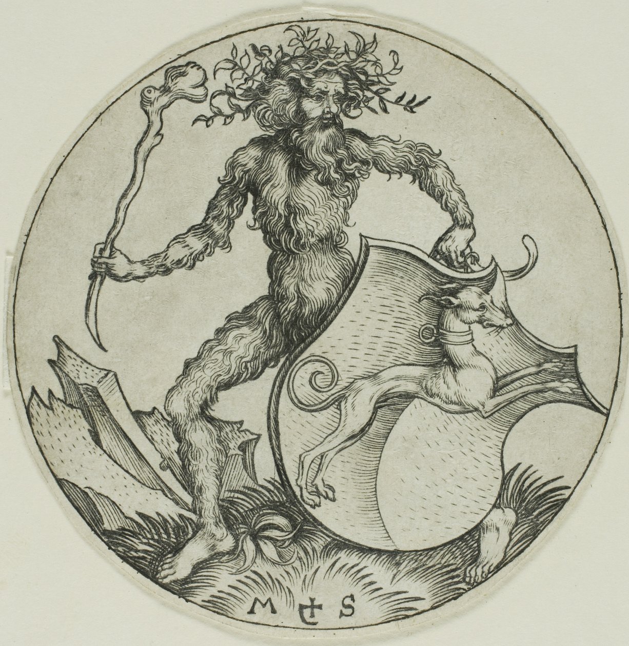 Scudo con un levriero, tenuto da un uomo selvaggio da Martin Schongauer