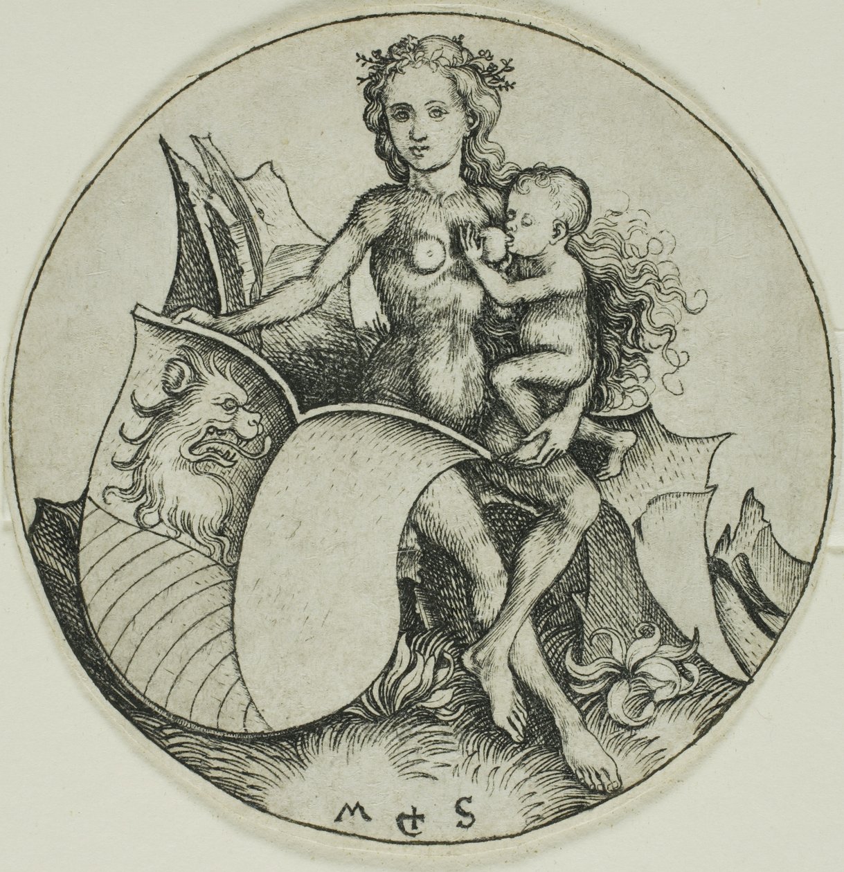 Scudo con testa di leone, tenuto da una donna selvaggia da Martin Schongauer