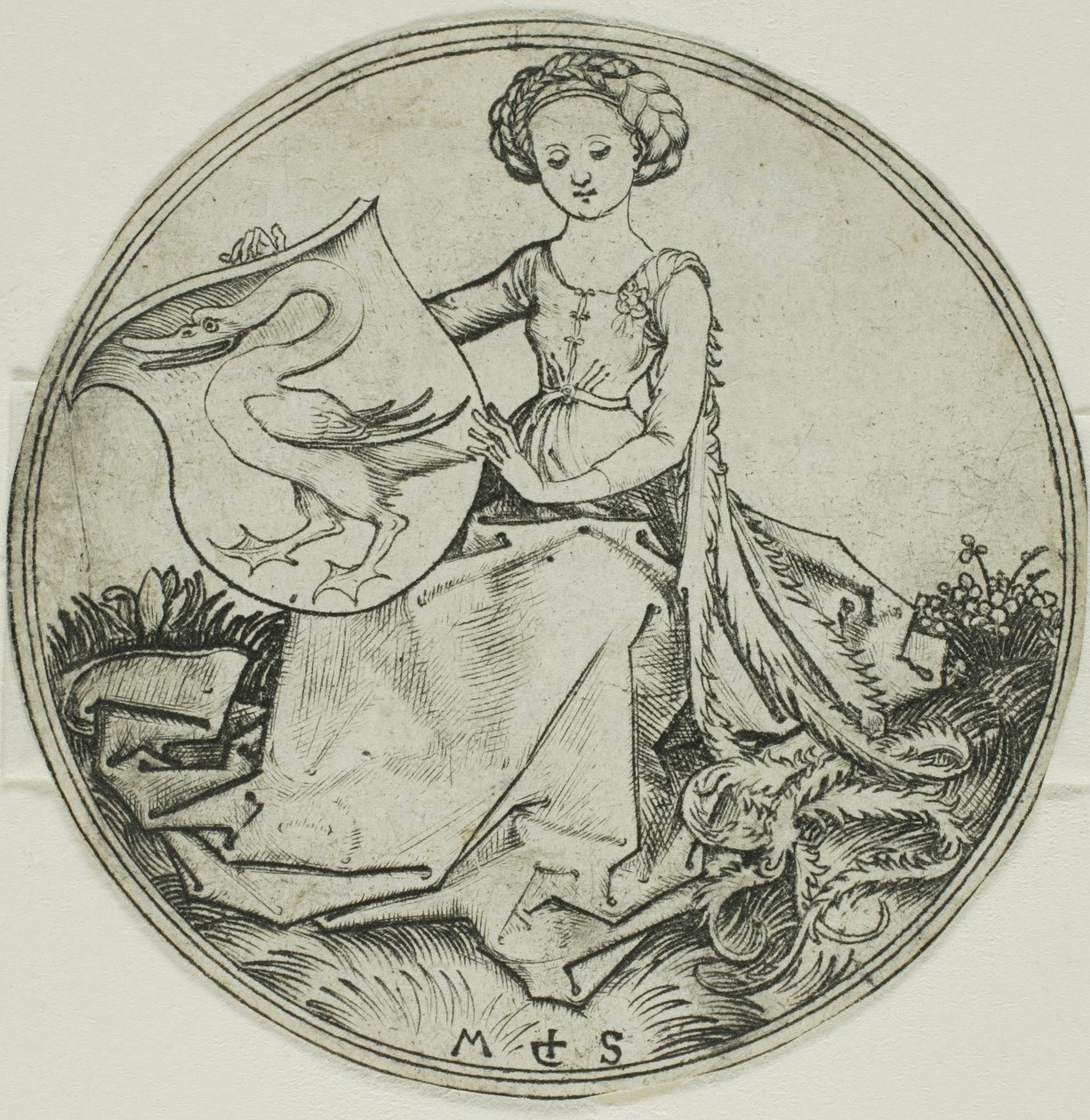 Scudo con cigno, tenuto da una dama seduta da Martin Schongauer