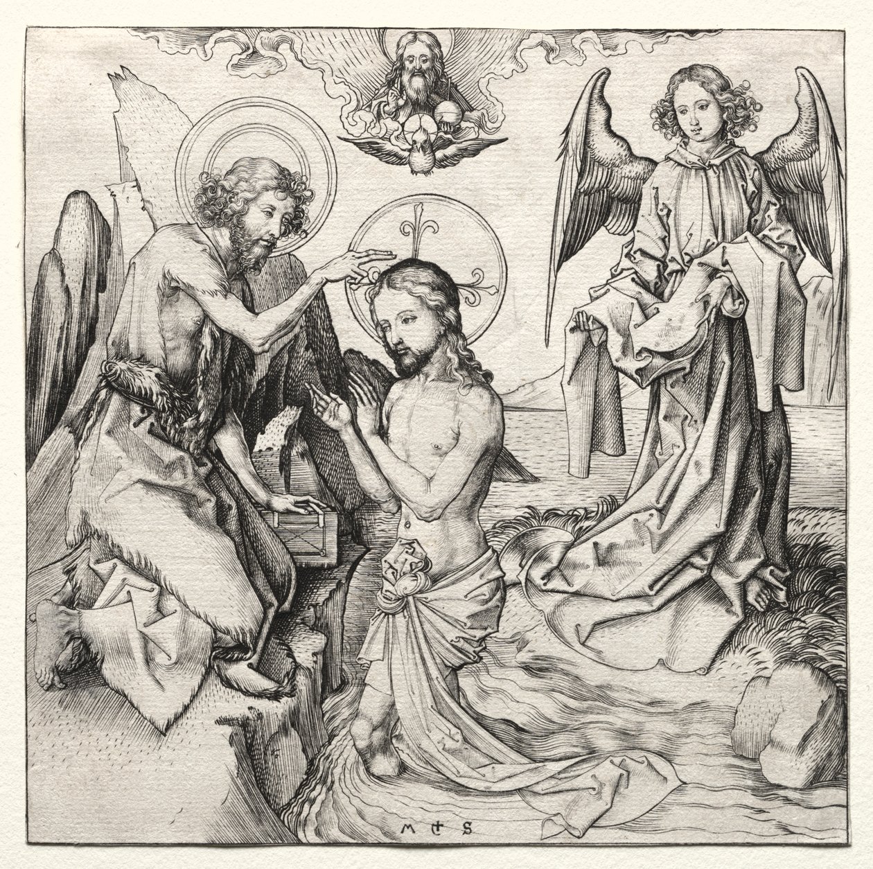Il battesimo di Cristo nel Giordano da Martin Schongauer