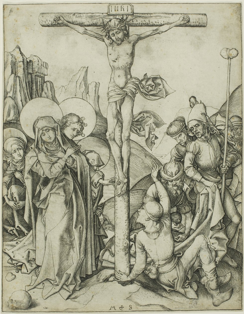 La crocifissione con le sante donne, San Giovanni e i soldati romani da Martin Schongauer