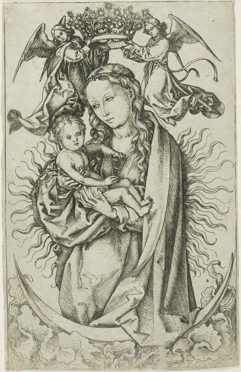 La Madonna sulla mezzaluna incoronata da due angeli da Martin Schongauer
