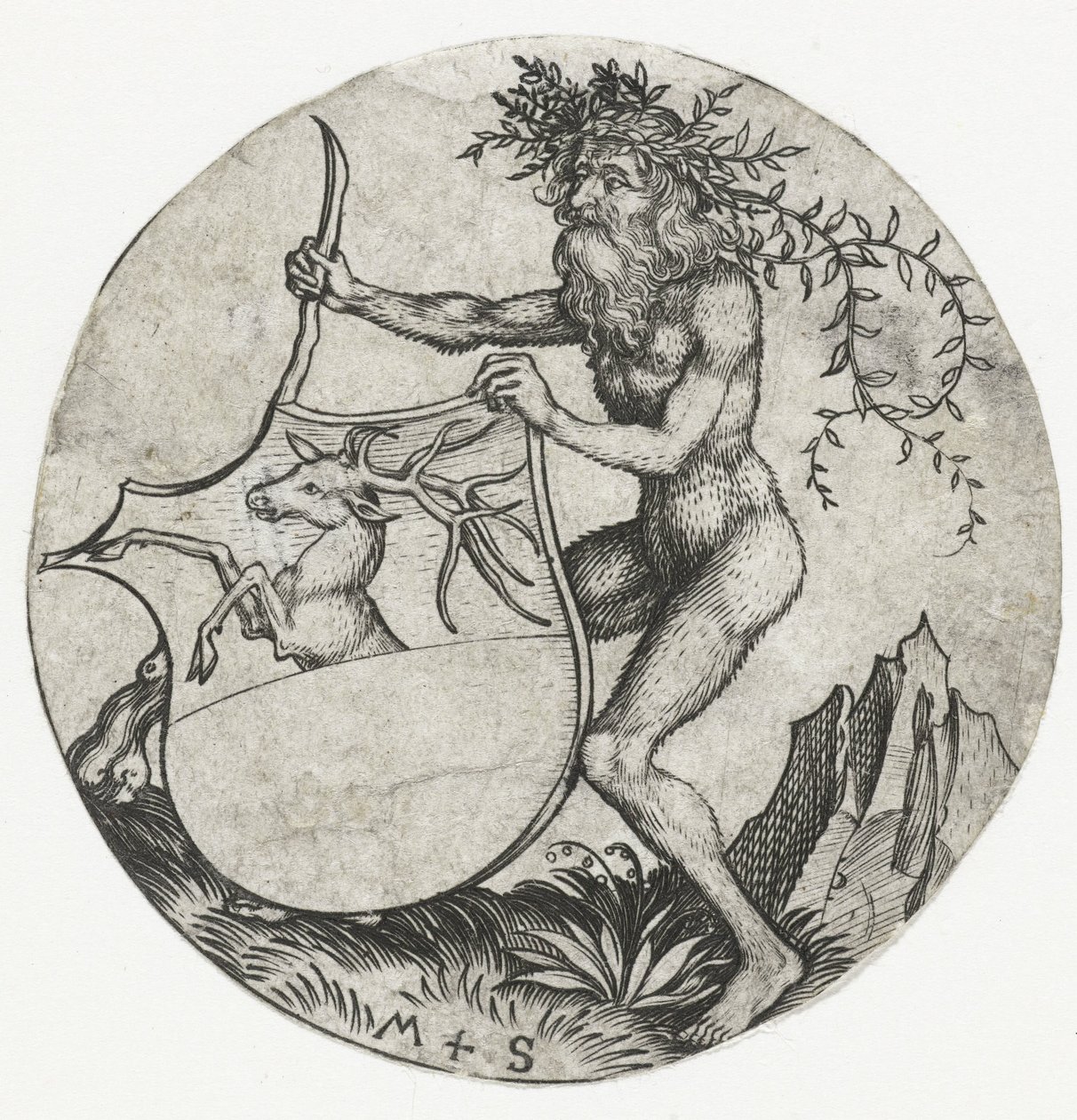 Stemma con un cervo, tenuto da un uomo selvaggio con una clava da Martin Schongauer