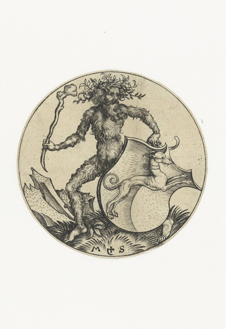 Stemma con un cane, tenuto da un uomo selvaggio con una clava da Martin Schongauer