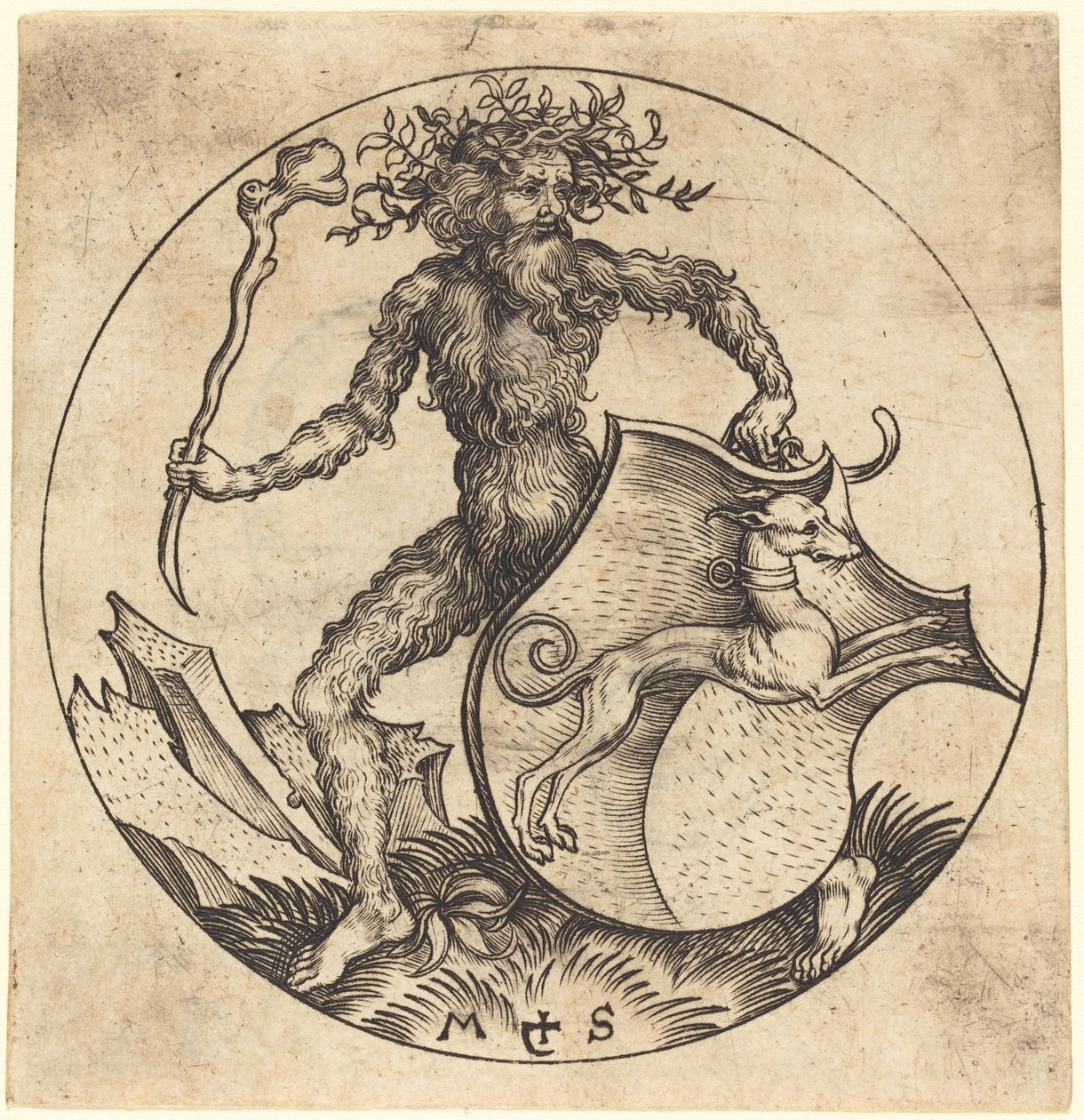 Uomo selvaggio che tiene uno scudo con un levriero da Martin Schongauer